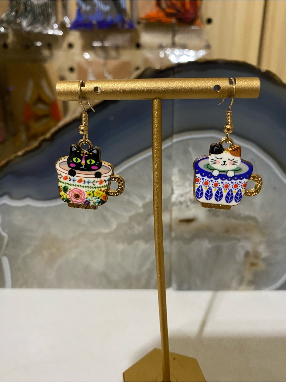 Whimsical Cat-in-Teacup Drop Earrings – Multicolor Gold-Tone